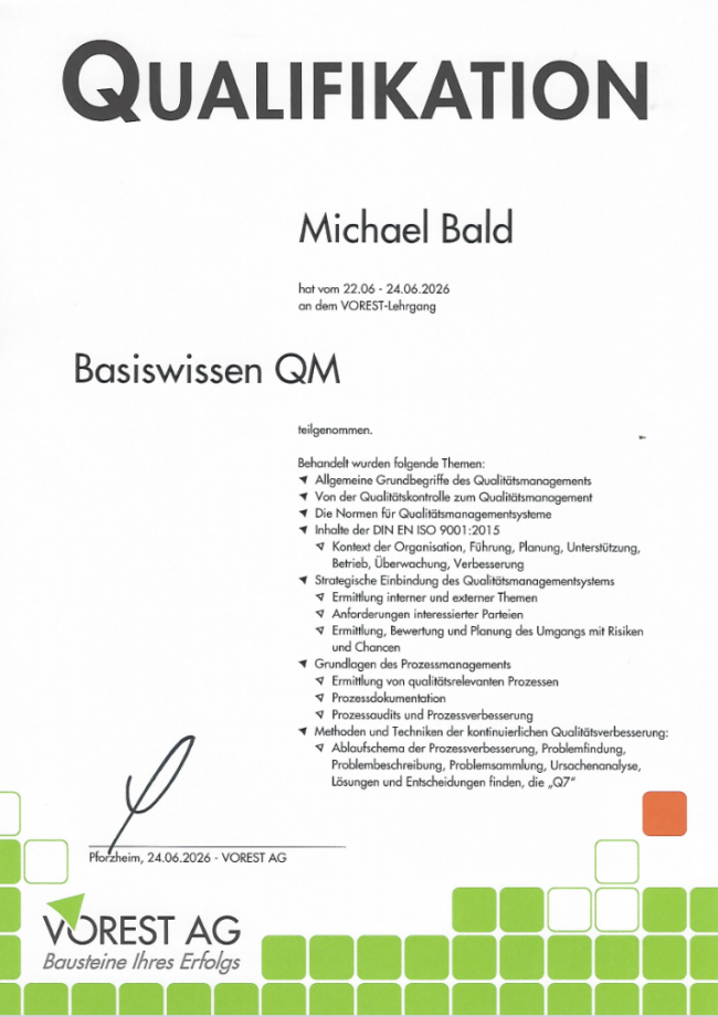 Teilnahmebestätigung Basiswissen QM Weiterbildung VOREST AG Michael Bald