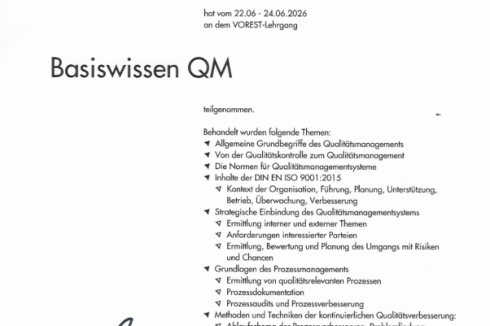 Qualifikation_ISO9001_2015 Teilnahmebestätigung Basiswissen QM Weiterbildung VOREST AG Michael Bald